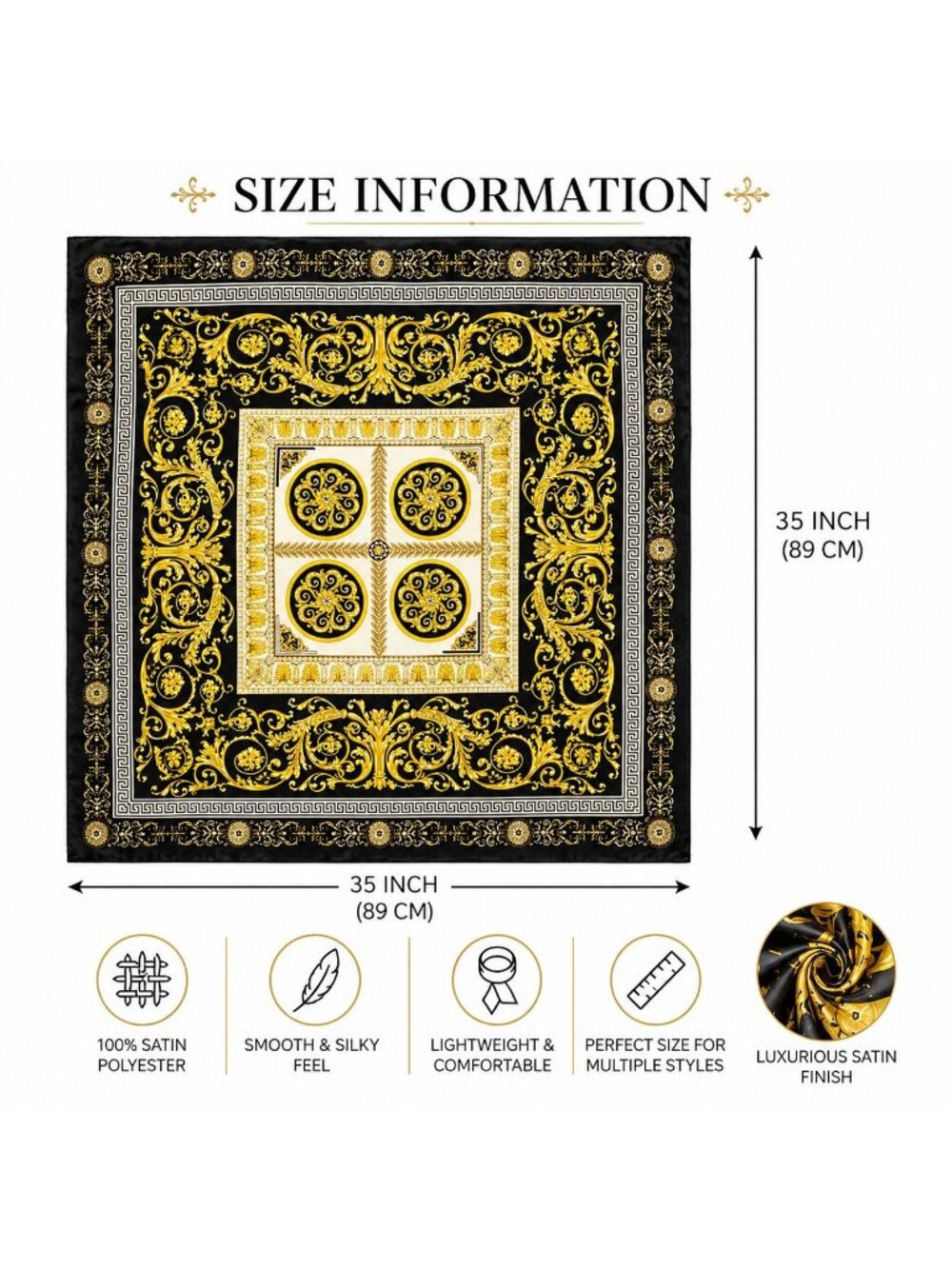 Luxury Gold Baroque Satin Square Scarf for Women – Black & Gold Ornate Chain - Picture 2 of 7